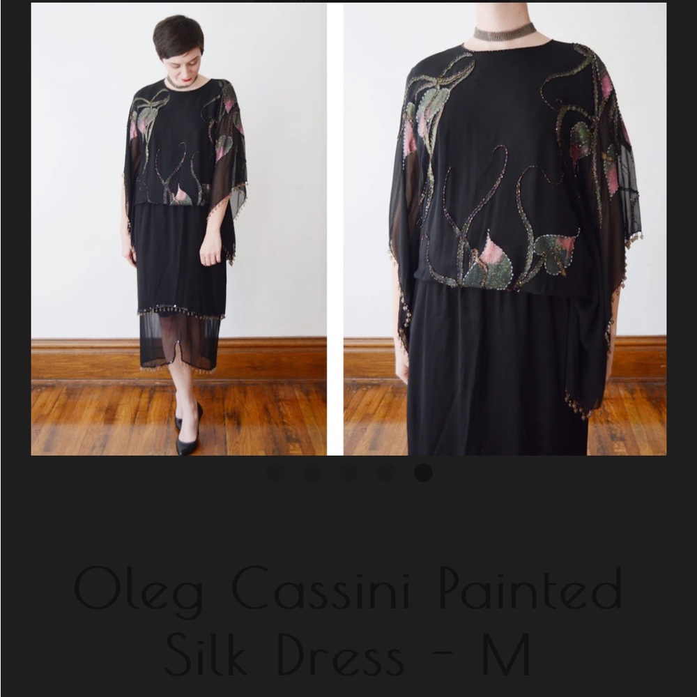 Vintage Oleg Cassini evening silk beaded painted rare dress gown  batwing black